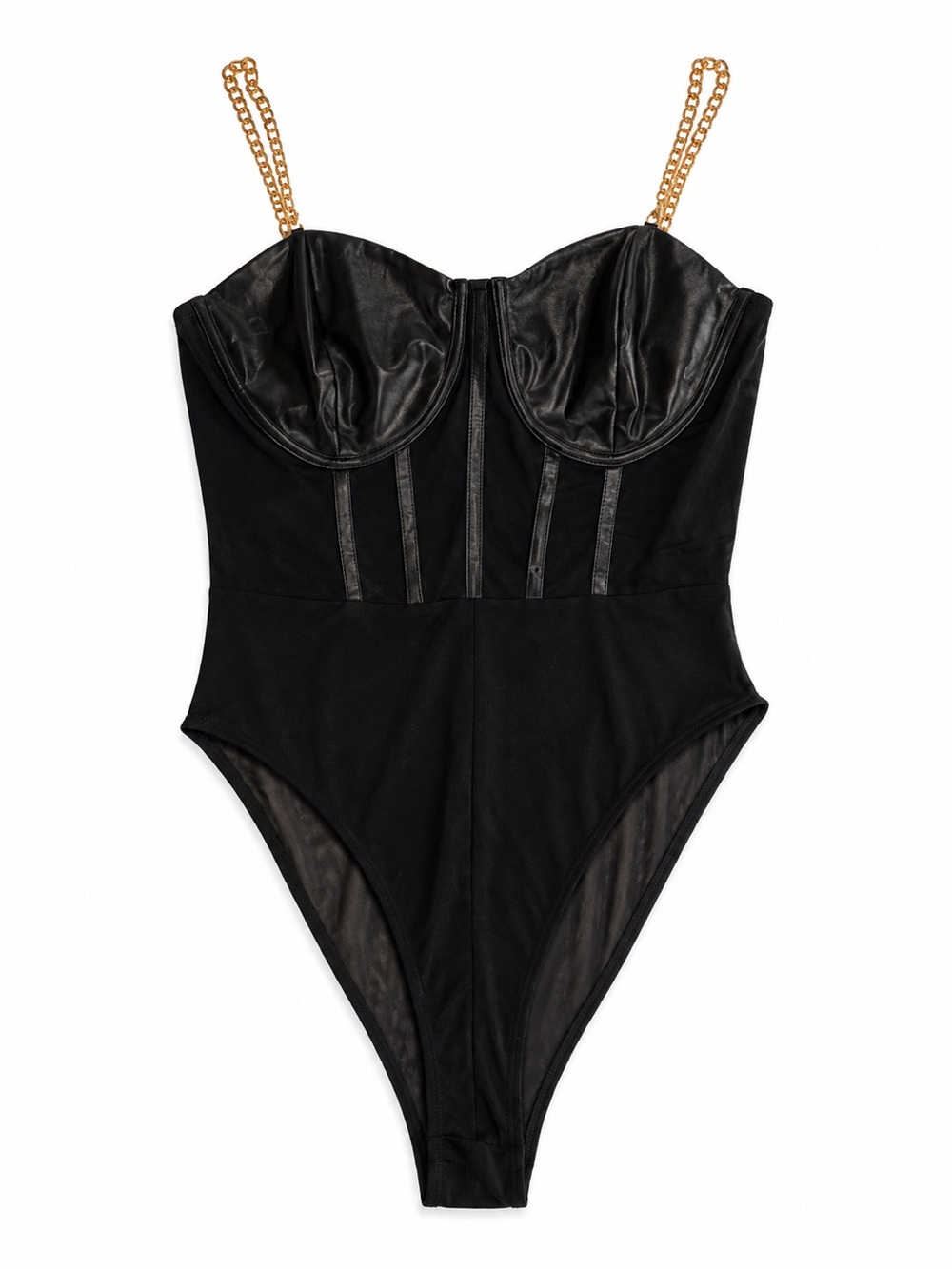 SHEIN Black Faux-Leather Bustier Bodysuit with Gold Chain Straps